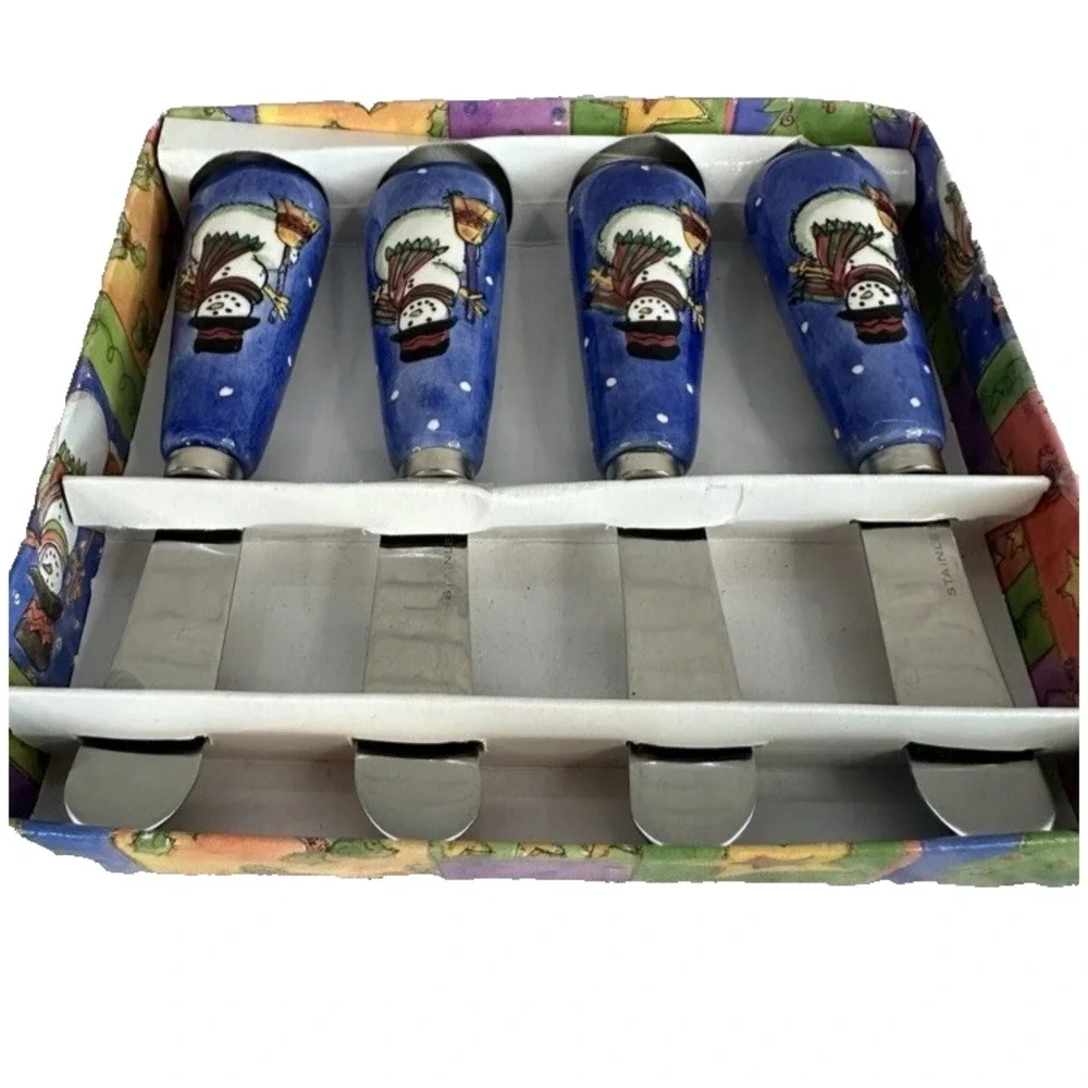 Sango Christmas‎ Snowman Cheese Spreader Knives Stainless Sue Zipkin Set of 4